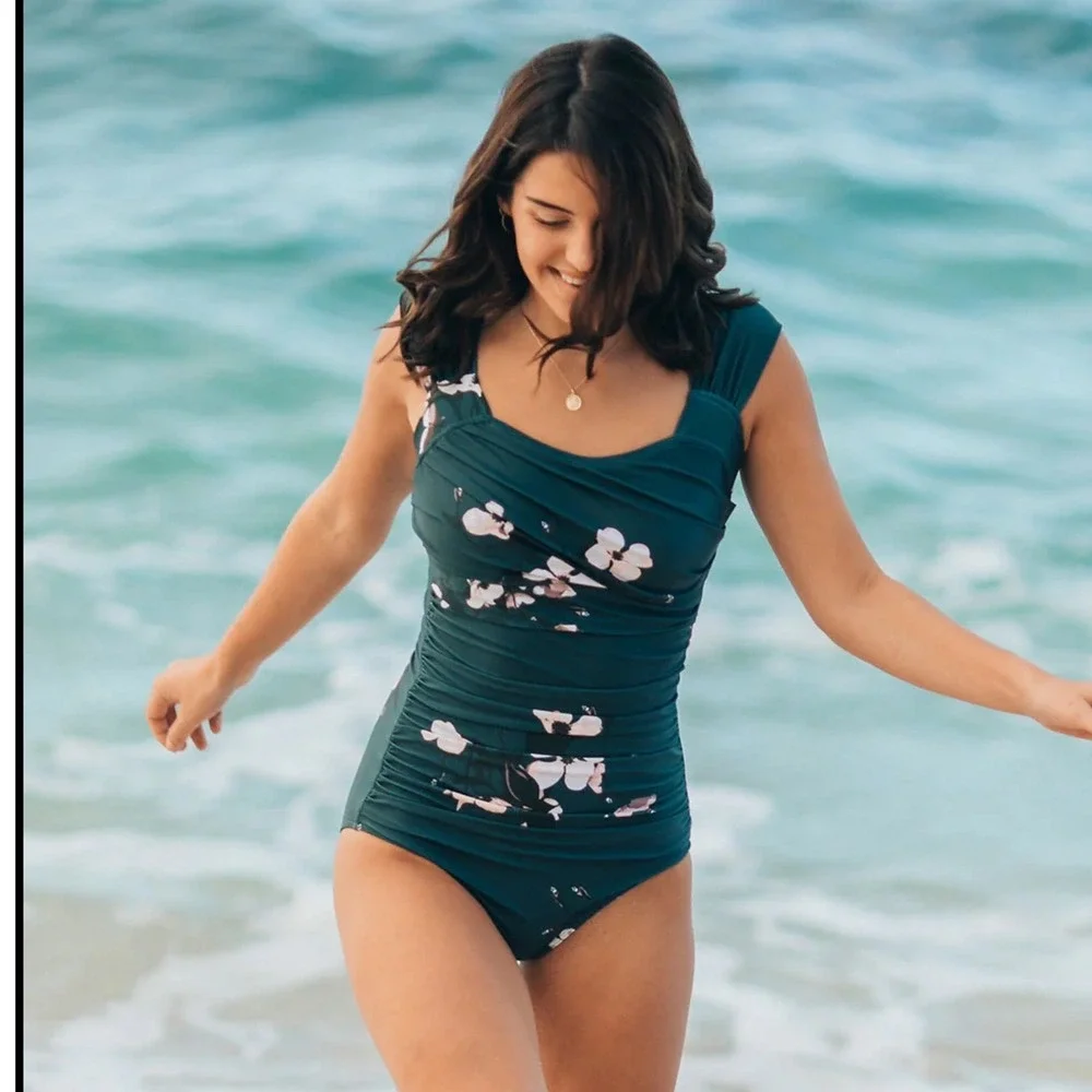 Albion Fit Maria One Piece Swimsuit XXL Forest Green Floral Ruched Square Neck